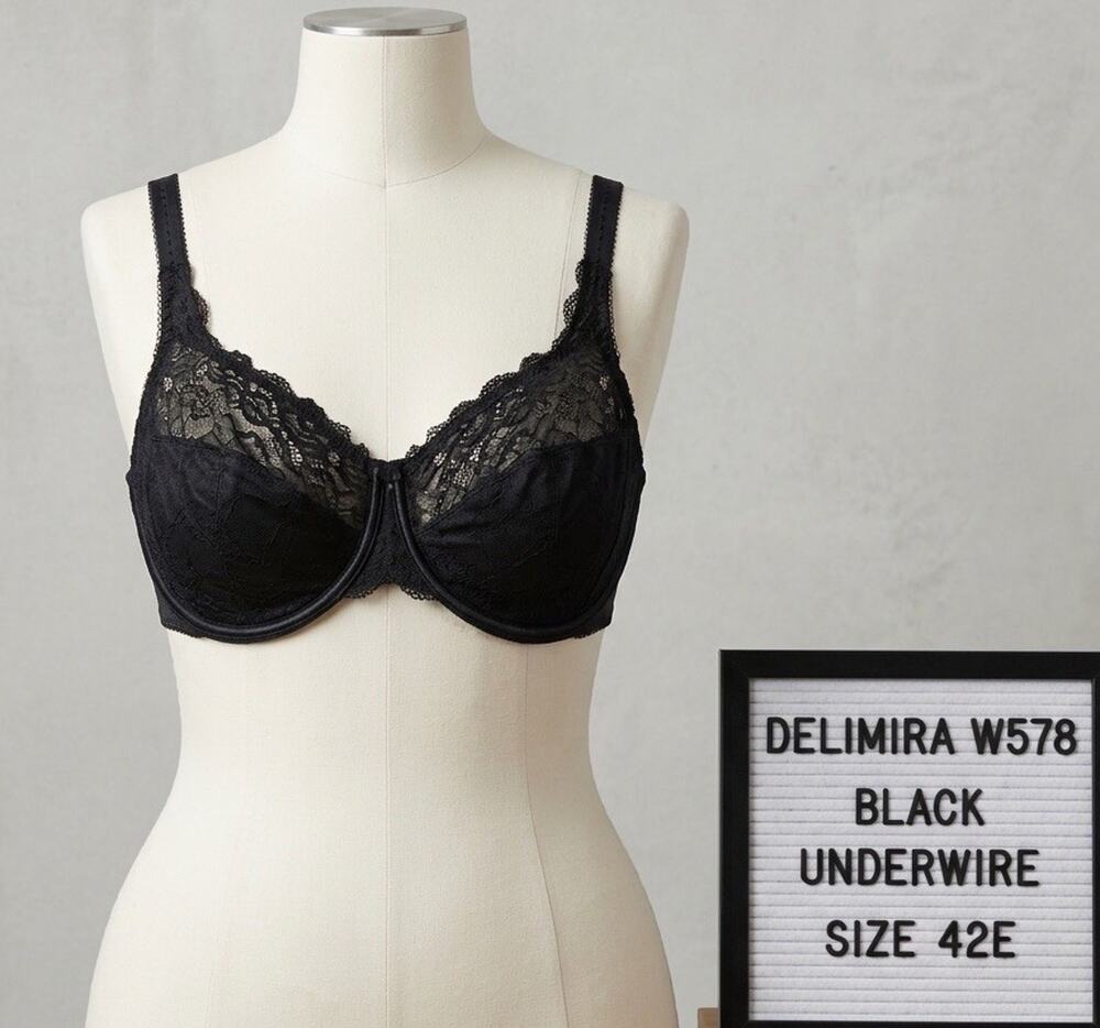 Delimira W578 Minimizer Underwire Bra 42E Black Unlined Lace Full Coverage